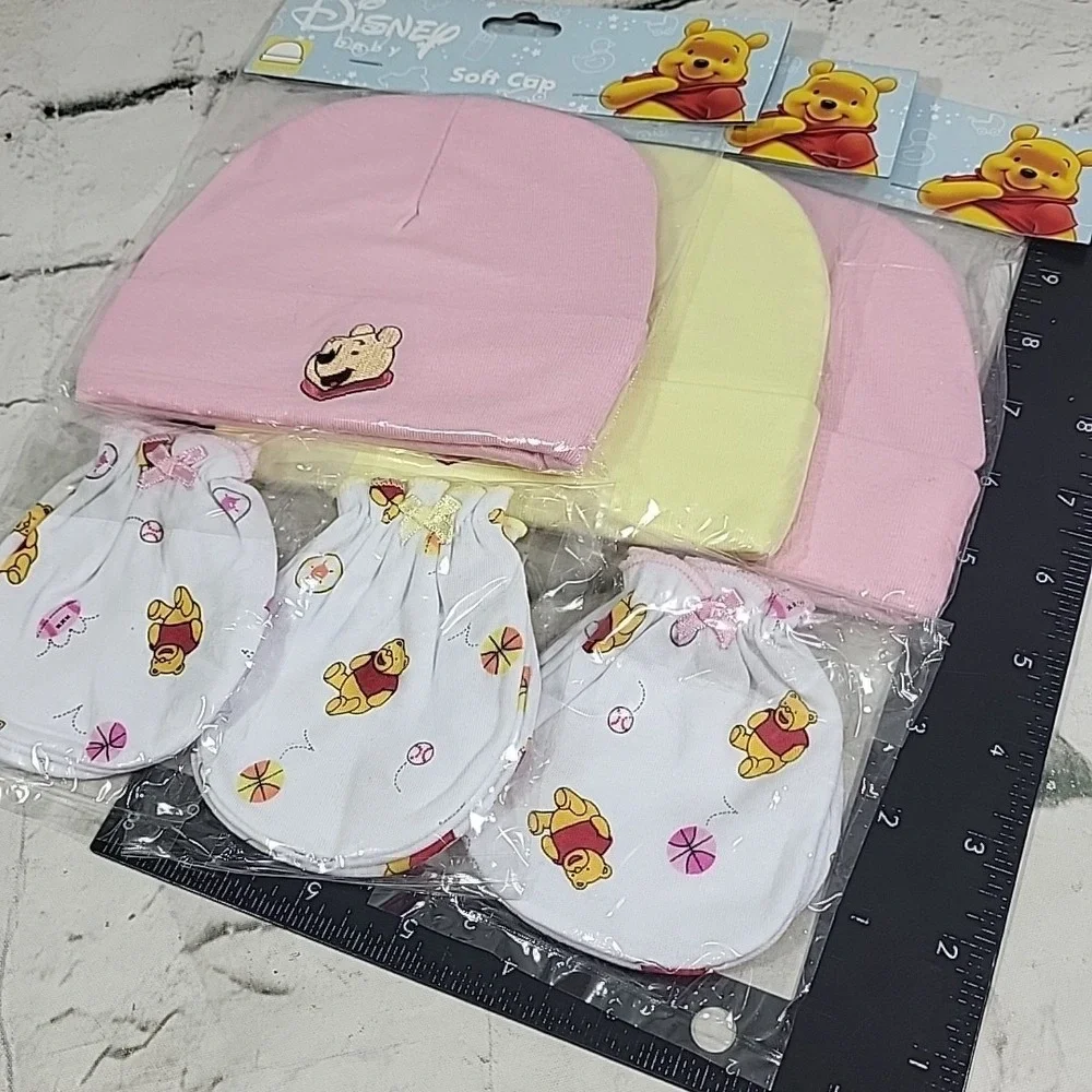 Disney Baby Winnie The Pooh Infant Lot Soft Caps Hats Mittens 3 Each Pink Yellow